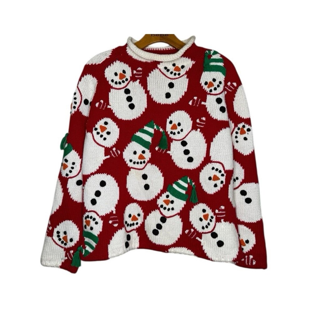 Vtg Michael Simon Women's Red Snowman Sweater Christmas Sz S Cotton Blend 90's